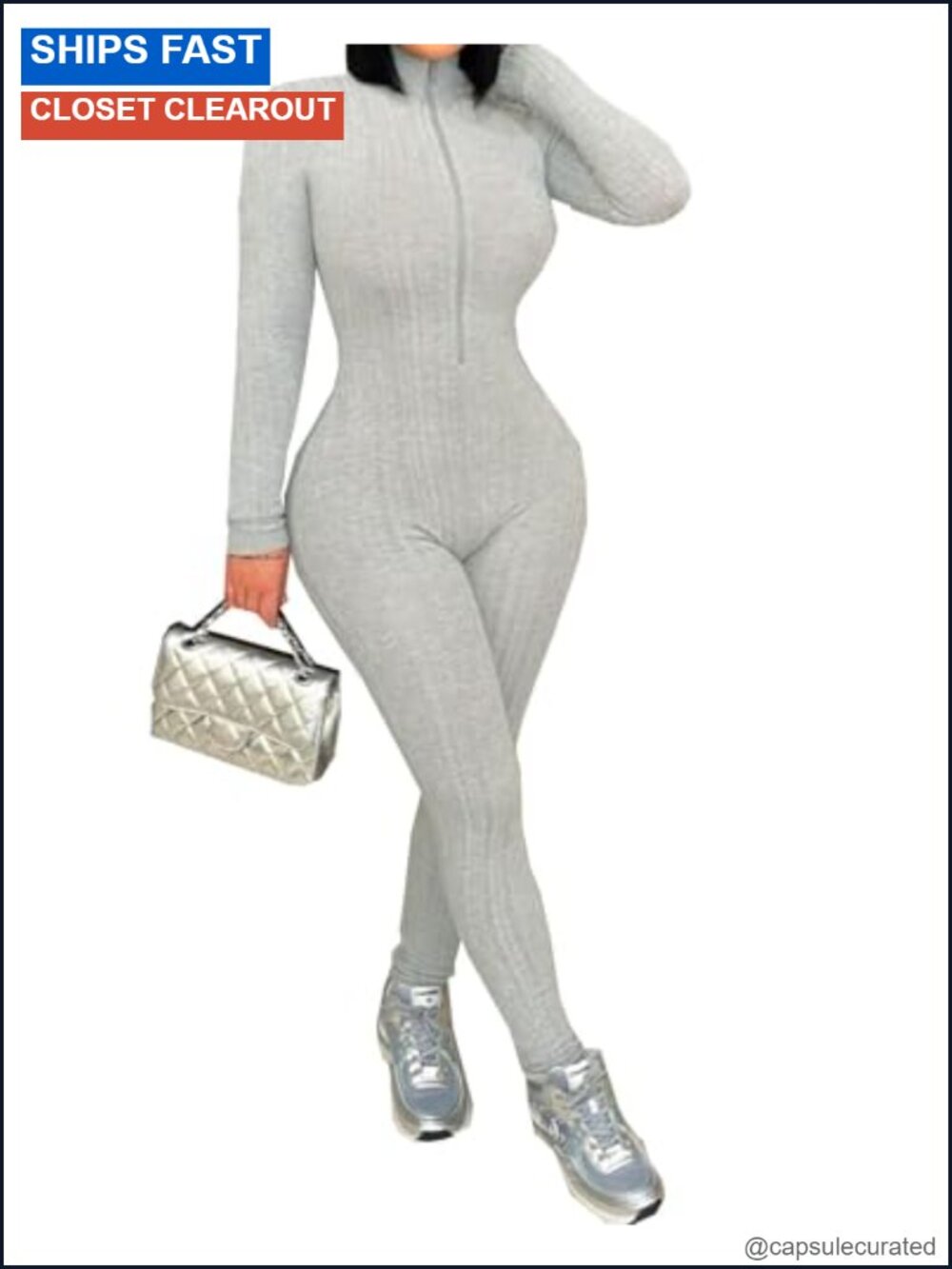 Ribbed Long Sleeve Bodycon Jumpsuit Zip Front Club One Piece